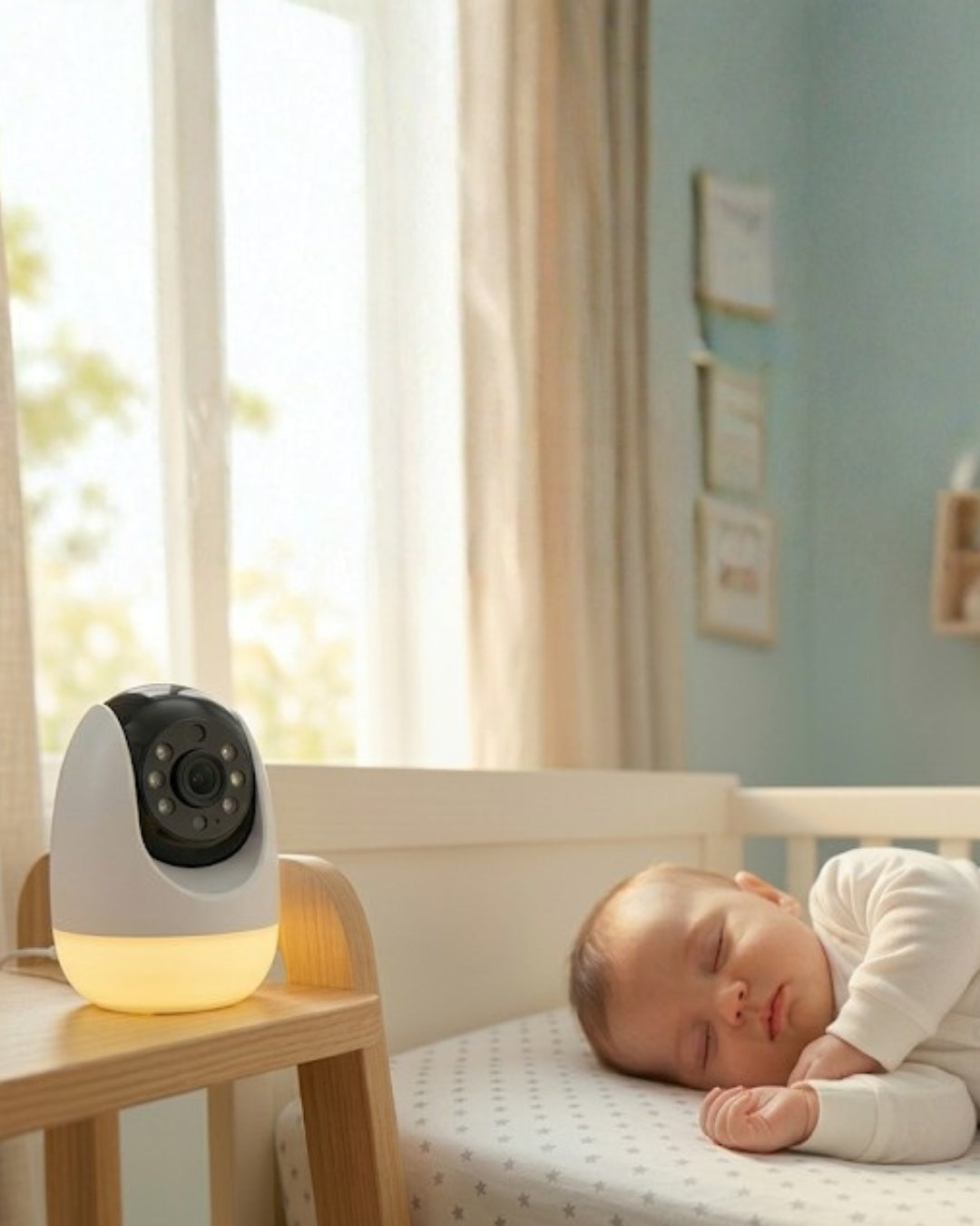 Sleeping baby in crib with baby monitor and night light in cozy nursery