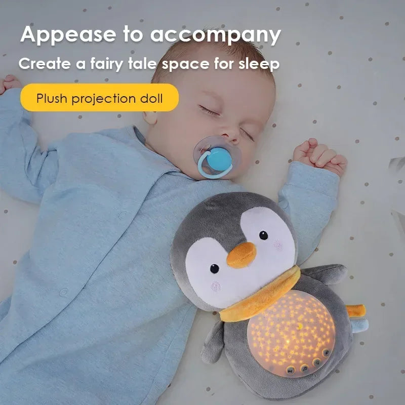 Sleeping baby with pacifier cuddling a penguin plush projection night light in crib