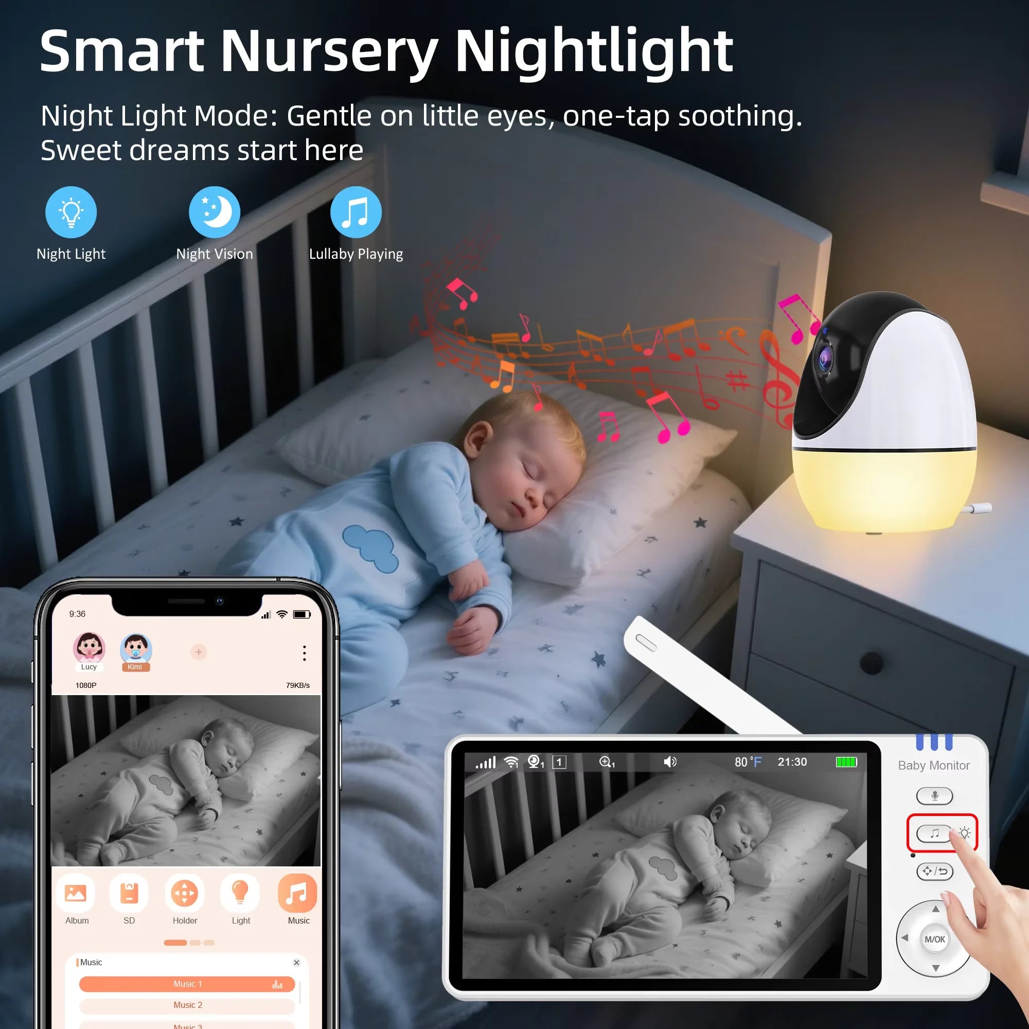 Baby sleeping in crib with smart nursery nightlight on bedside table, monitored by baby camera and smartphone app