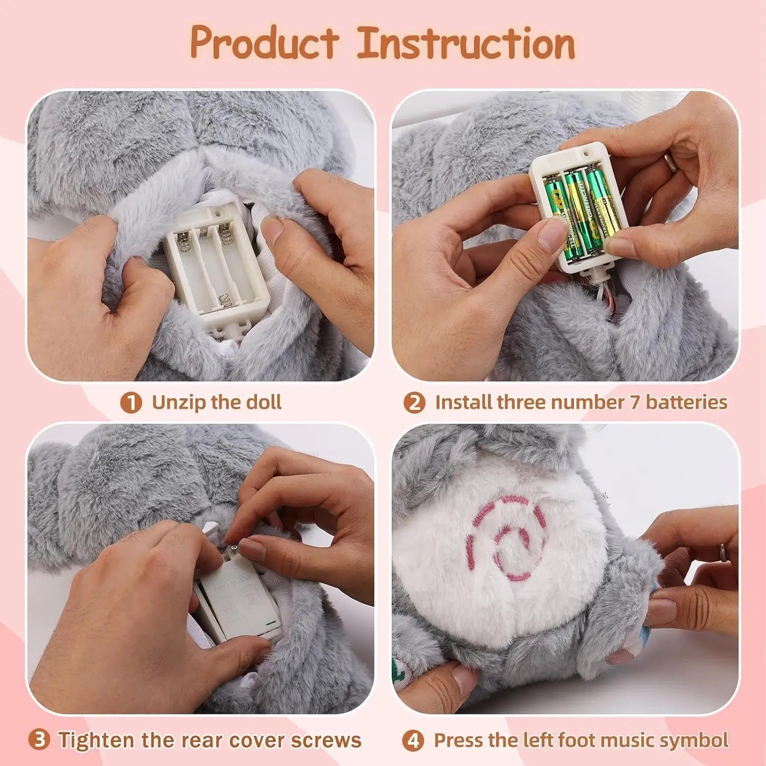Step-by-step instructions showing how to insert batteries in a plush sleep aid toy.