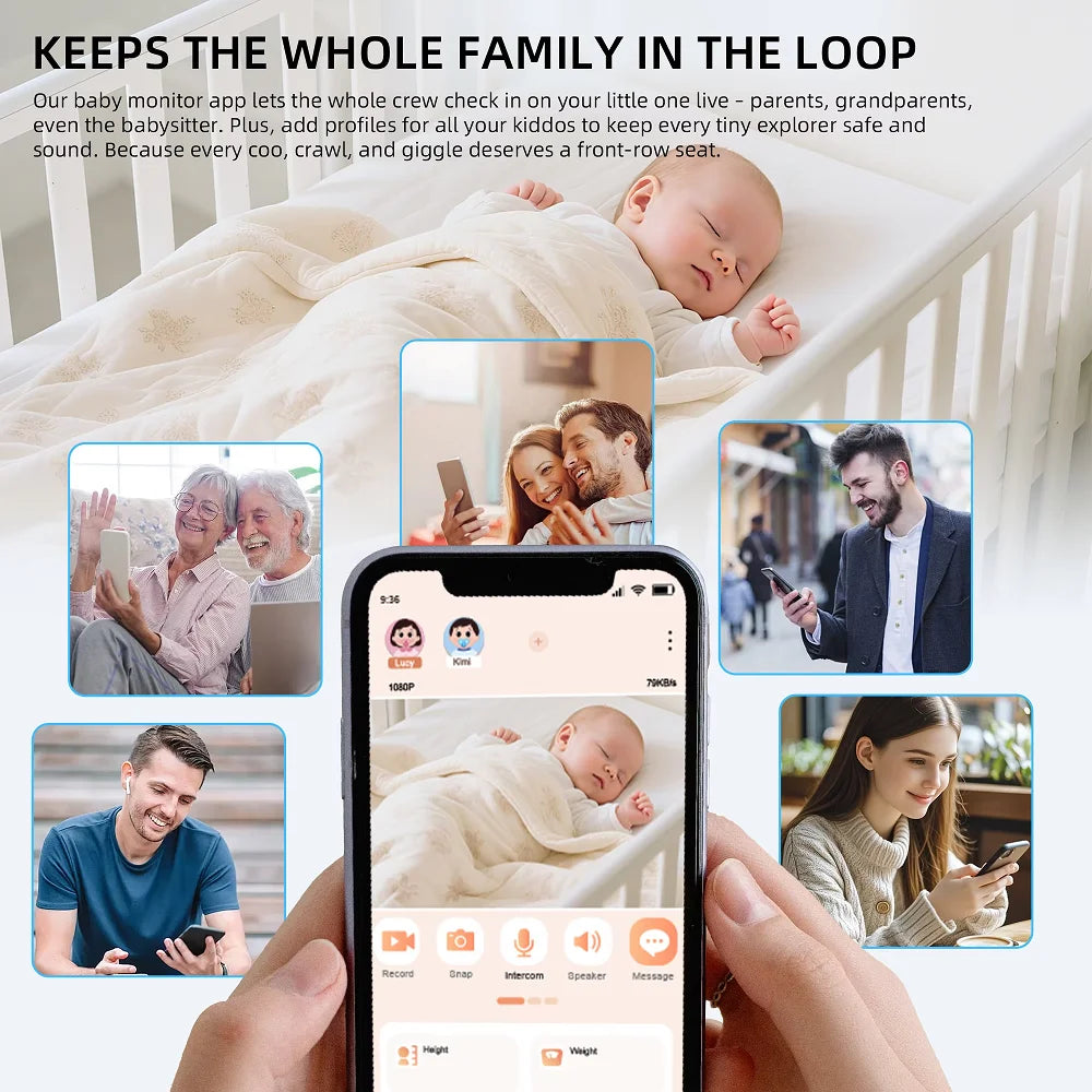 Baby sleeping in crib monitored by family members via smartphone baby monitor app.