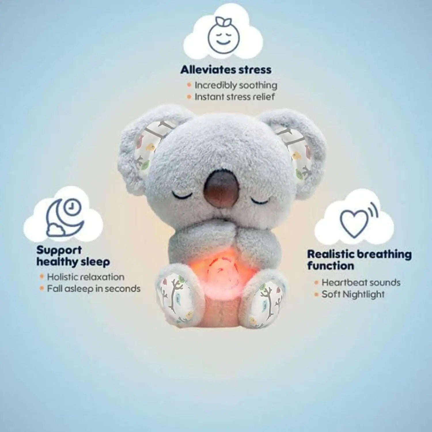 Plush koala sleep aid with glowing tummy, soothing sound and nightlight features for kids.