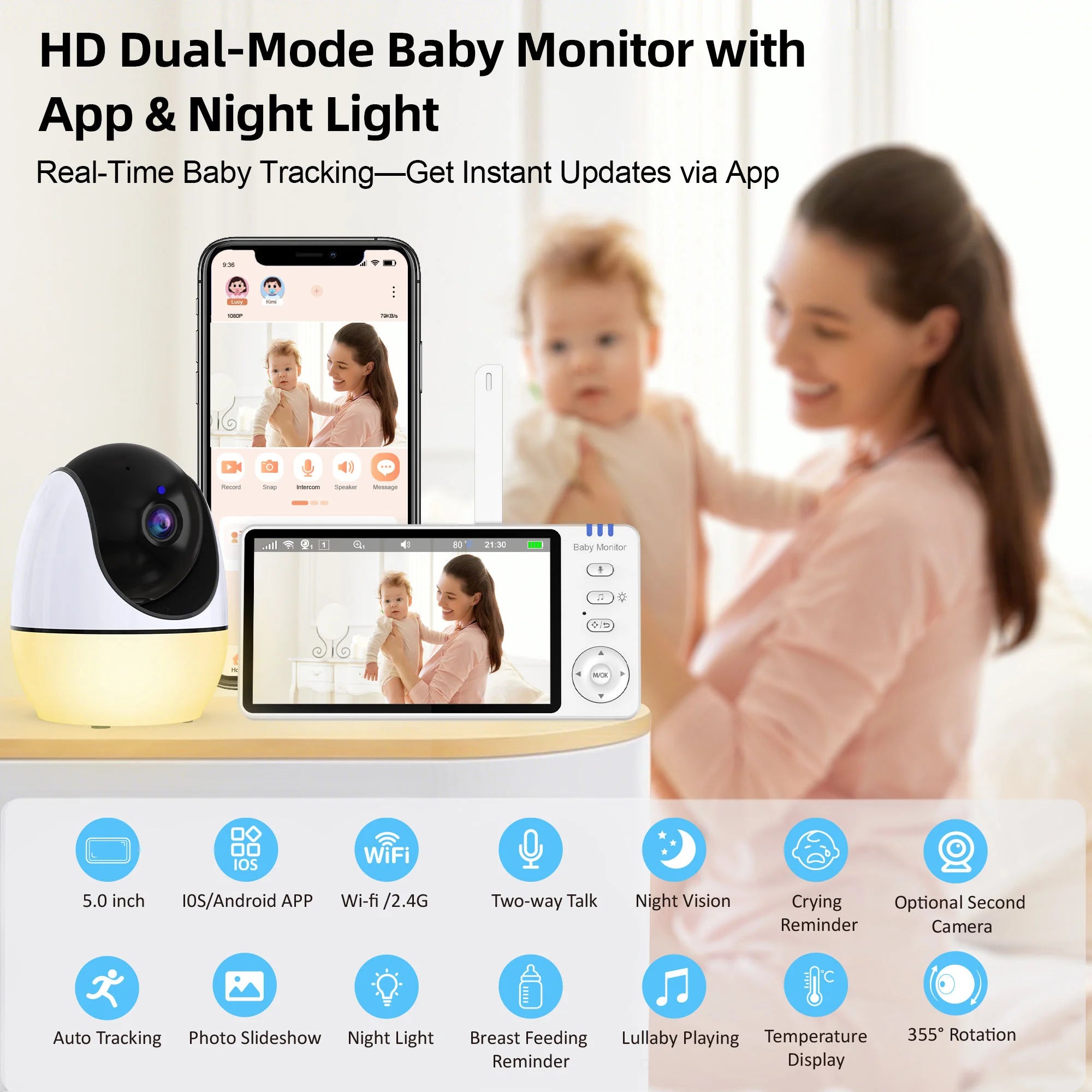 HD baby monitor with camera, app, night light, and real-time tracking, mom holding baby