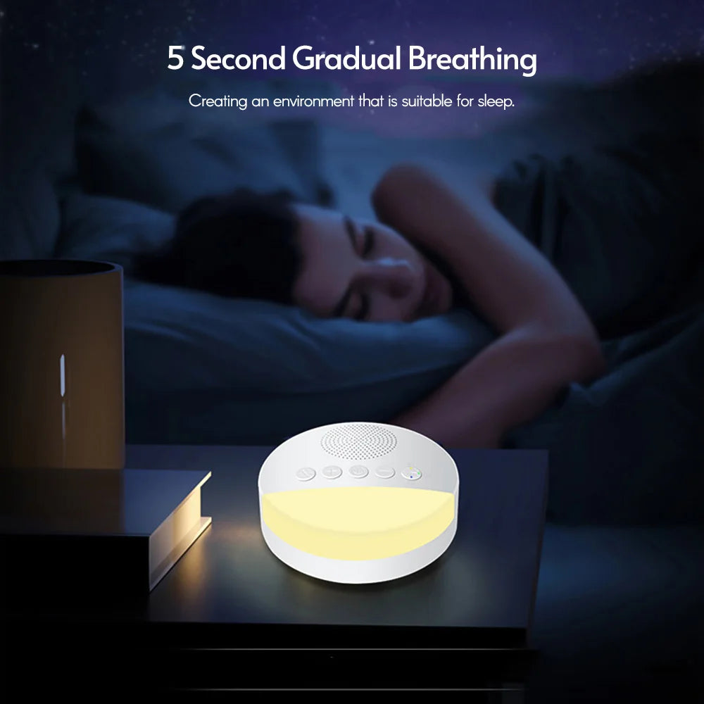 White noise machine and night light on bedside table, woman sleeping peacefully at night.