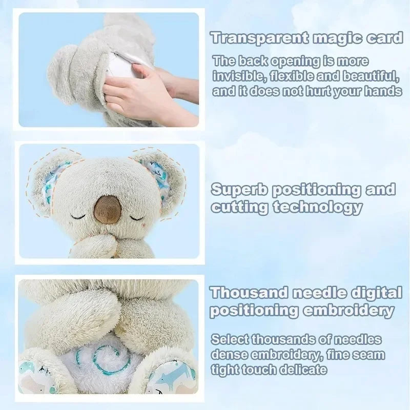 Plush koala toy with soft grey fur, embroidered details, and an invisible back opening