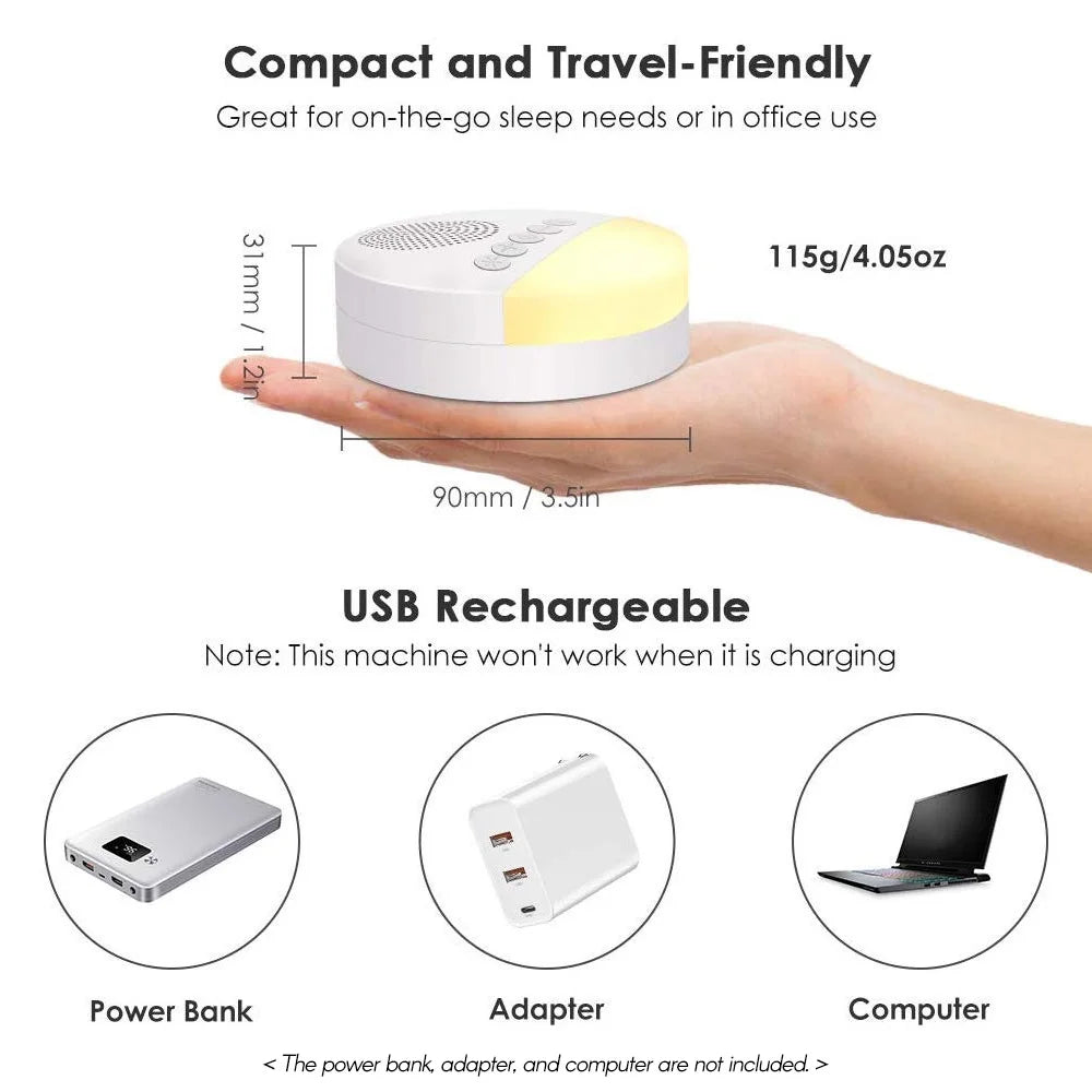 Compact USB rechargeable white noise machine with night light, shown in hand with charging options.