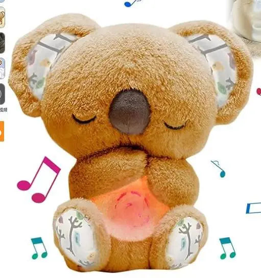 Plush koala night light toy with glowing belly and music notes for children's sleep aid