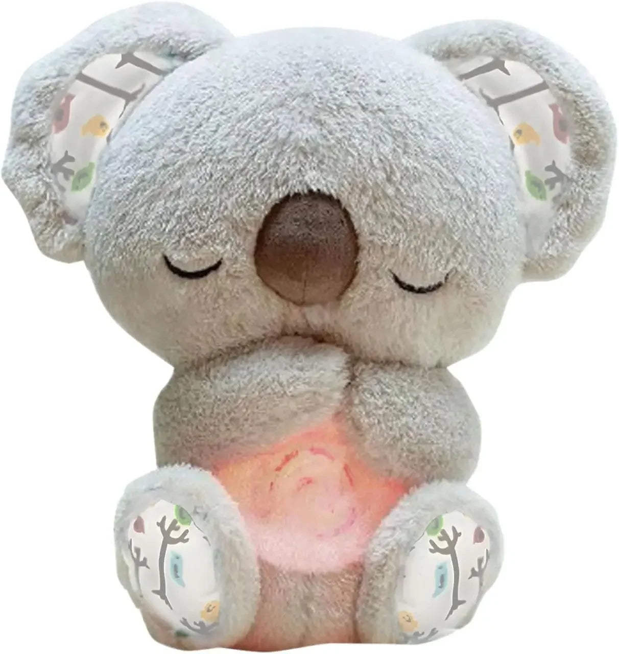 Plush koala night light toy with closed eyes and glowing belly, soothing kids sleep aid.