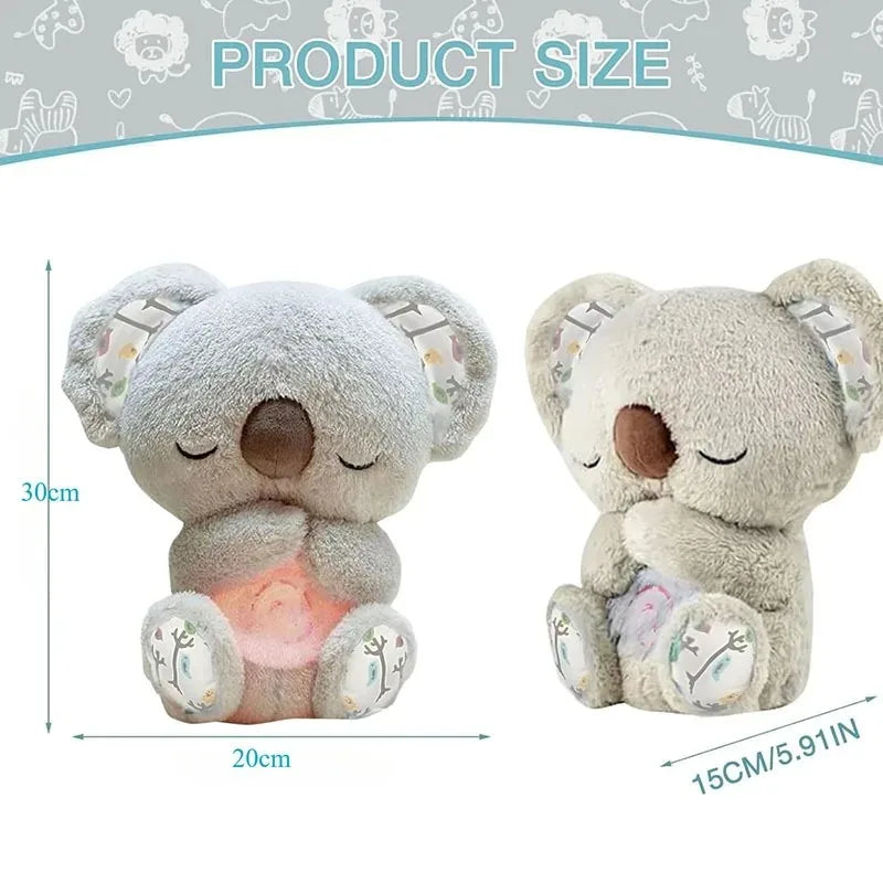 Soft plush koala night light toy with floral ears, 30cm, shown from front and side.