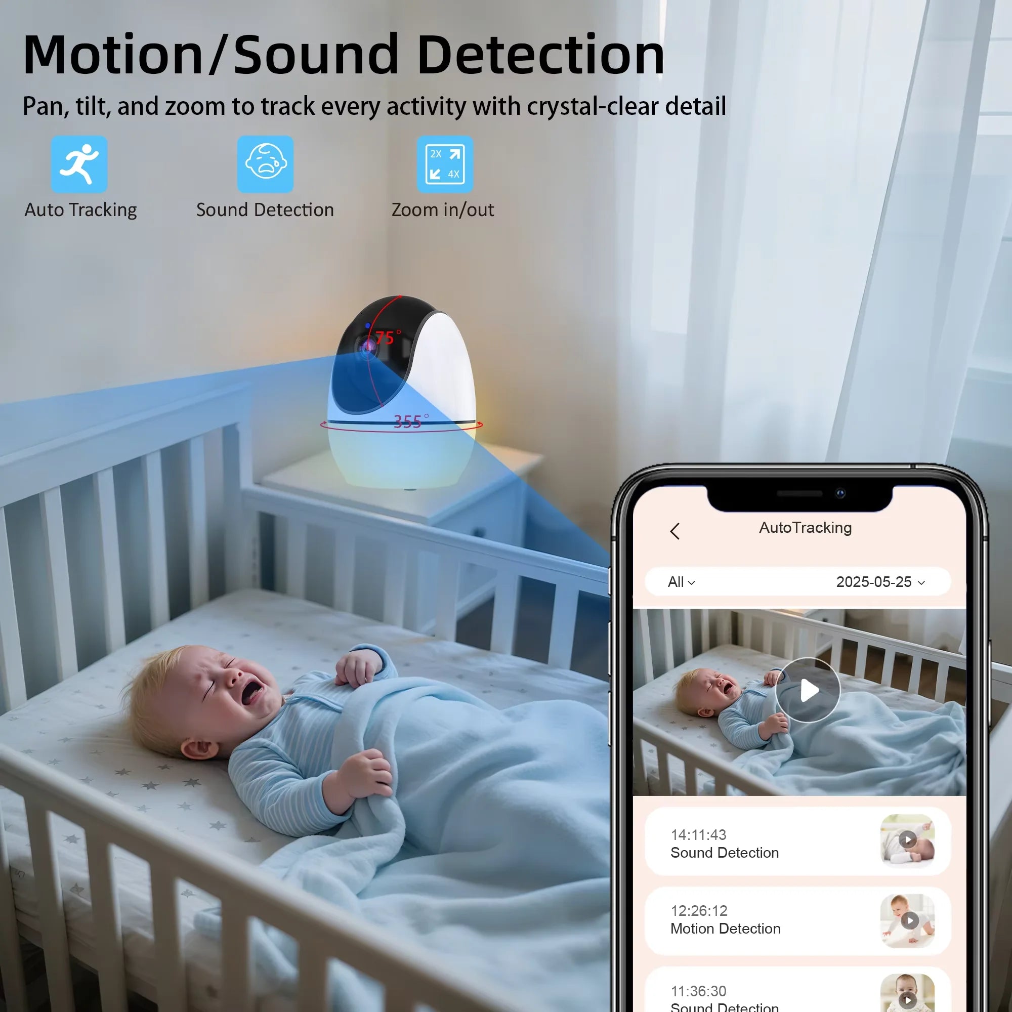 Smart baby monitor tracking crying baby in crib with app showing motion and sound detection alerts.