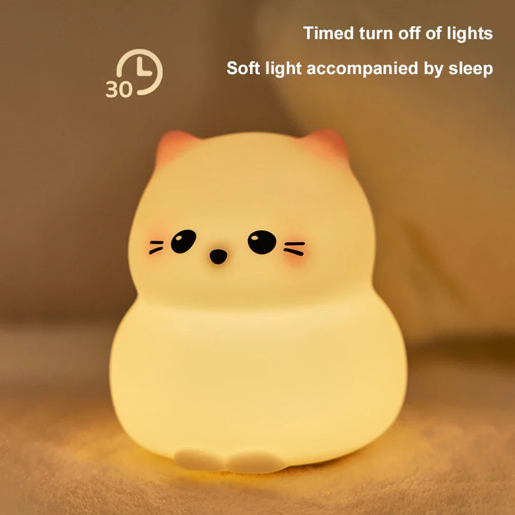 Cute cat-shaped night light with soft glow and 30 minute timer for children's sleep support