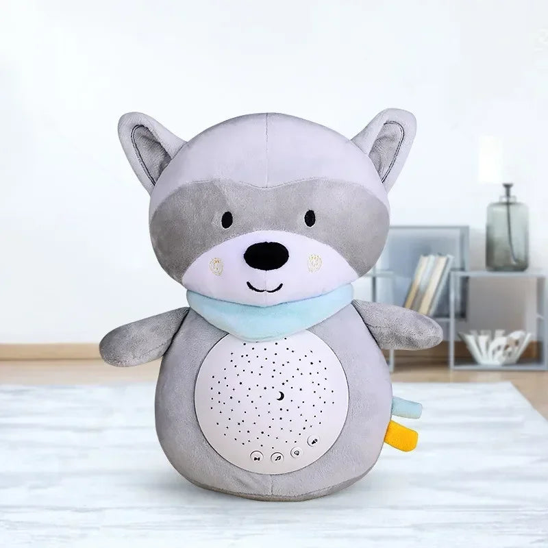 Gray raccoon plush sleep aid toy with sound machine and night light for children