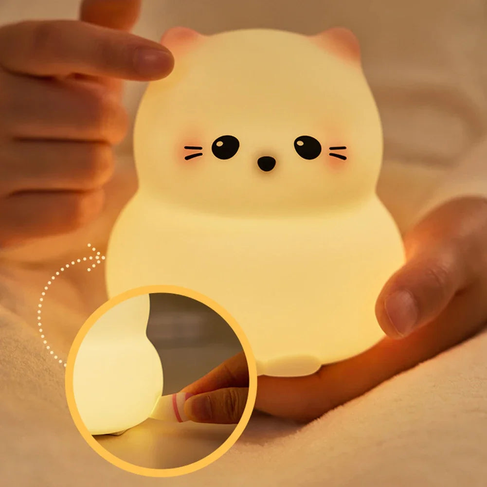 Soft glowing cat night light for children, hand-operated silicone lamp for bedtime comfort