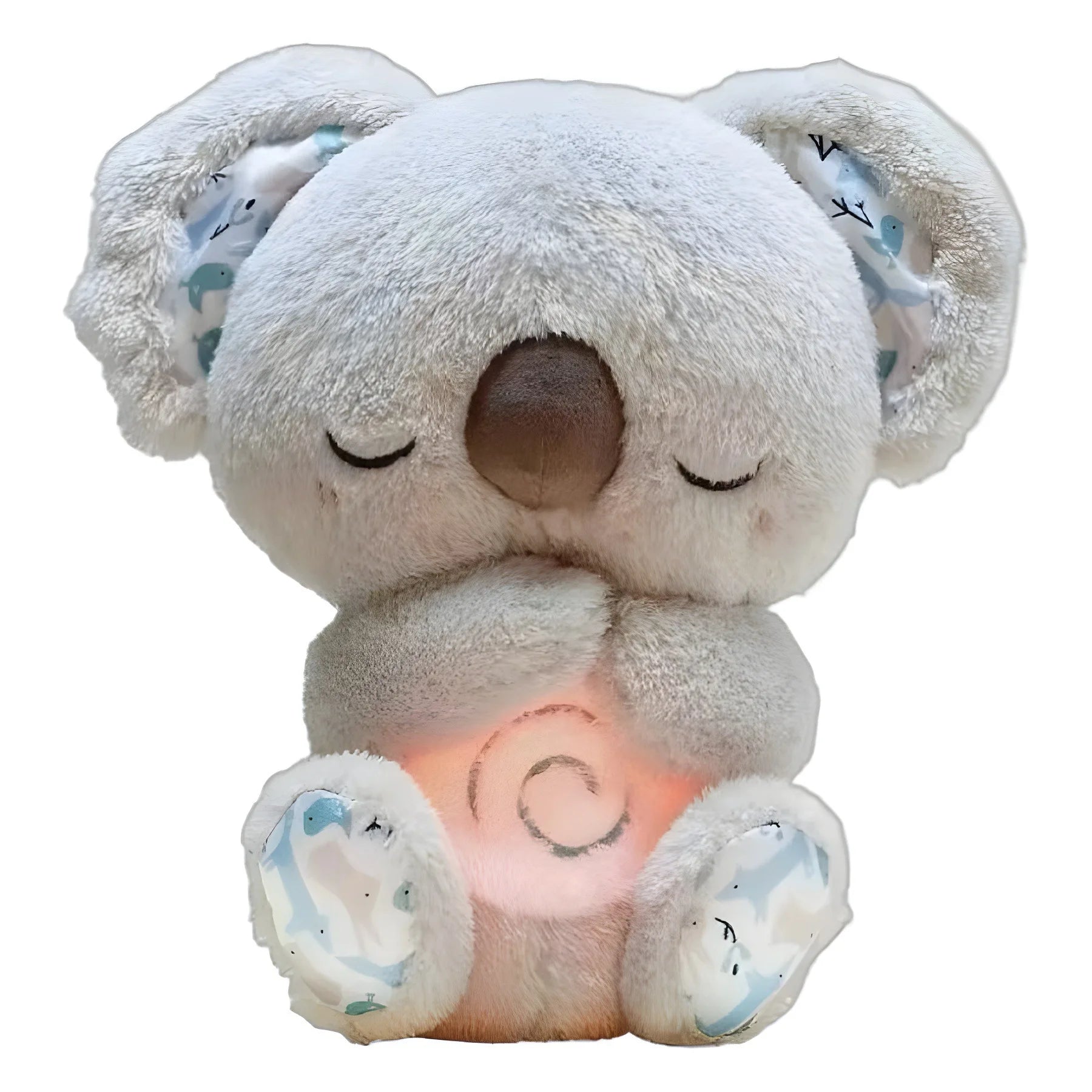 Plush koala night light for kids with soft fabric, closed eyes, and glowing tummy.