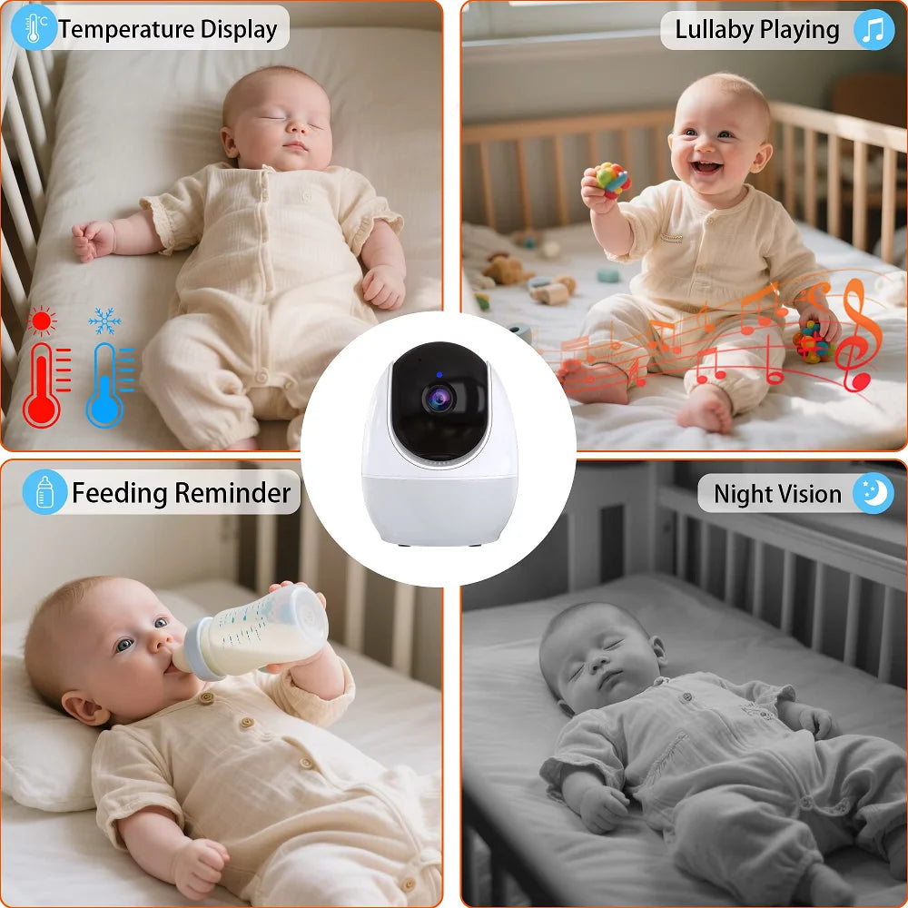 Baby monitor with temperature display, lullaby playing, feeding reminder, and night vision features shown with babies in crib.
