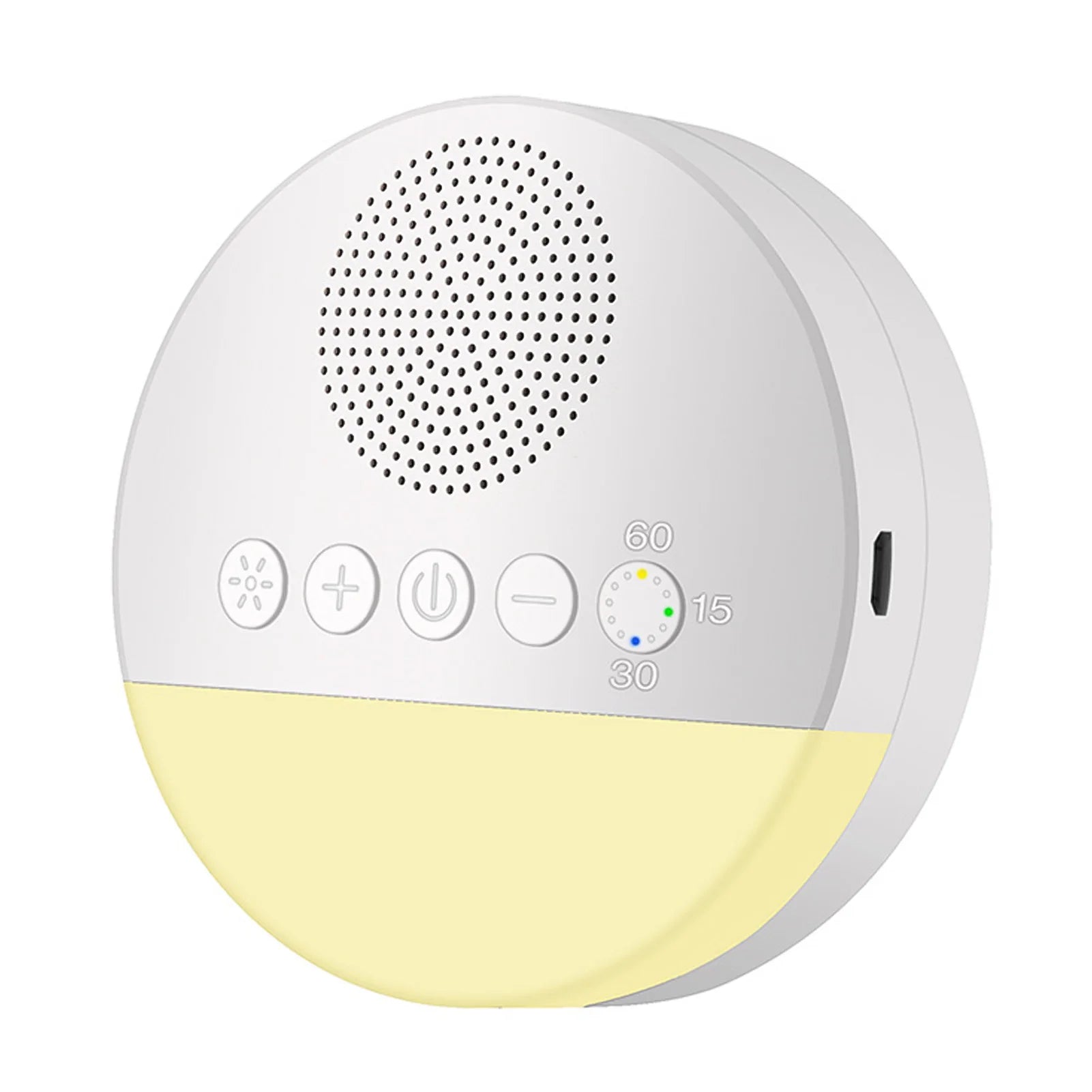 White noise machine with night light, timer settings, and control buttons for sleep aid