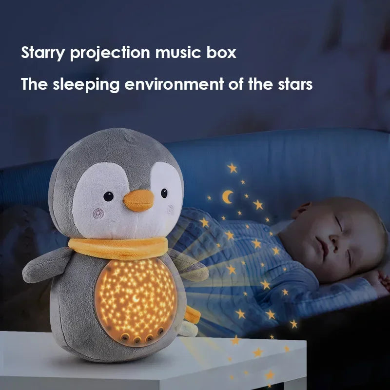 Penguin plush star projector night light soothing a sleeping baby in a dark room