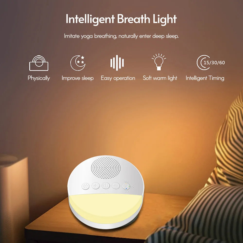 Smart sleep aid night light device on bedside table emitting soft warm glow