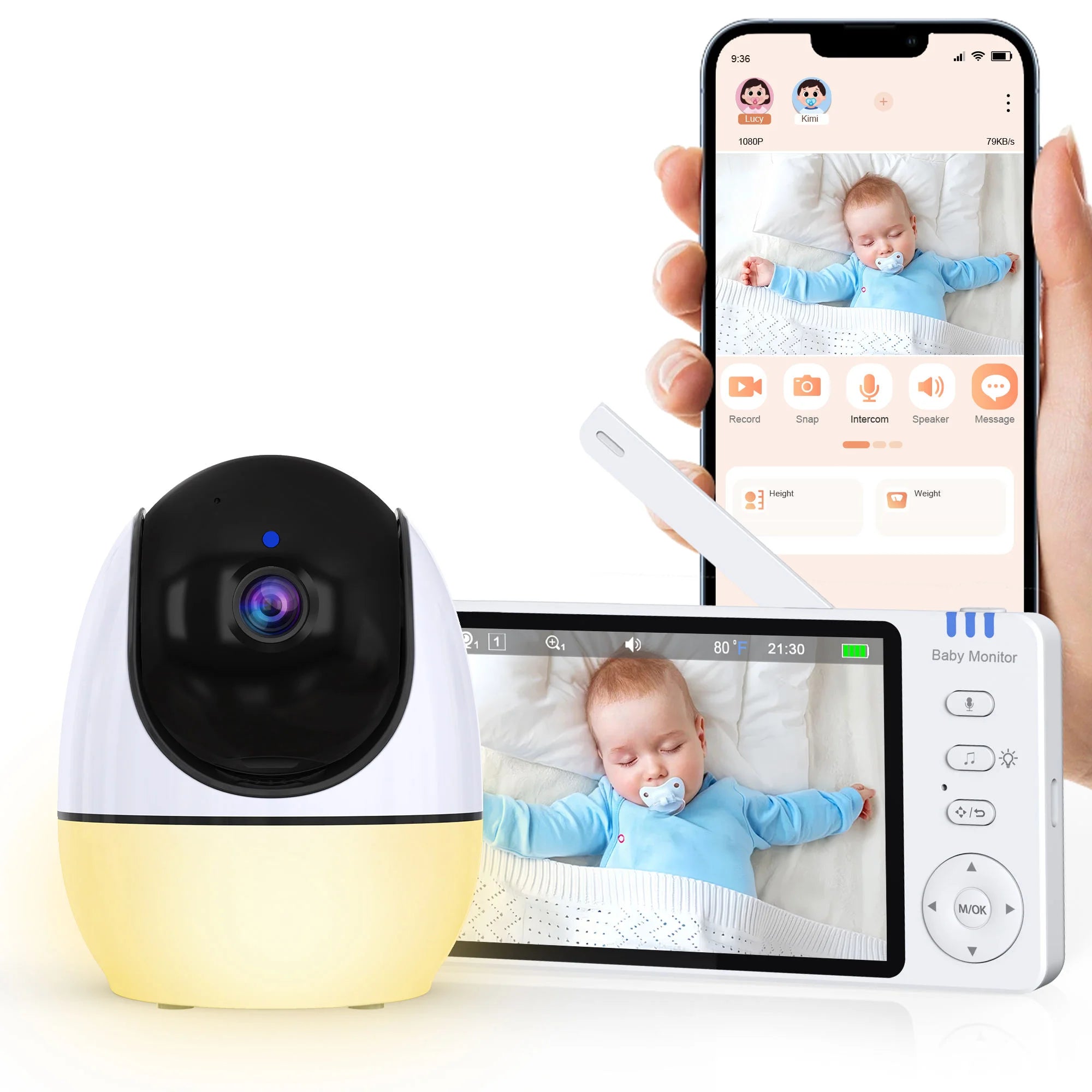Smart baby monitor camera system with live video streaming to phone and screen, infant sleeping