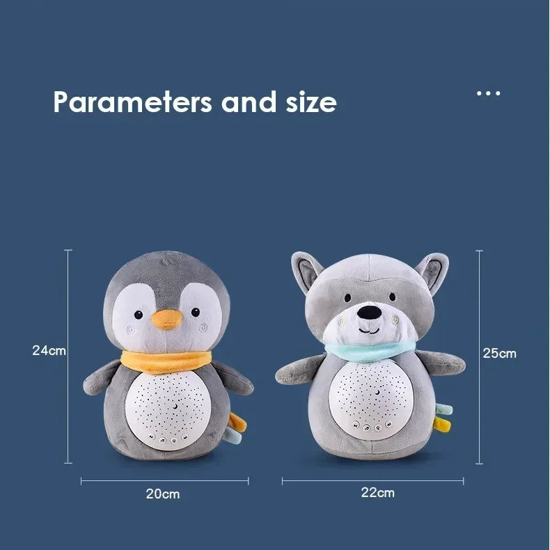 Plush penguin and raccoon sleep toys with night light feature and dimensions shown