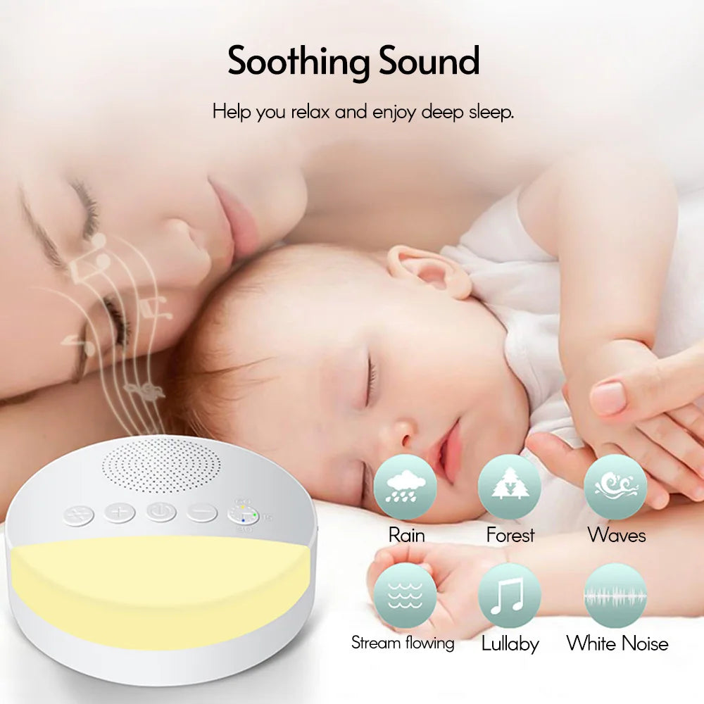 Mother and baby sleeping peacefully near a white noise sound machine with sleep mode icons.