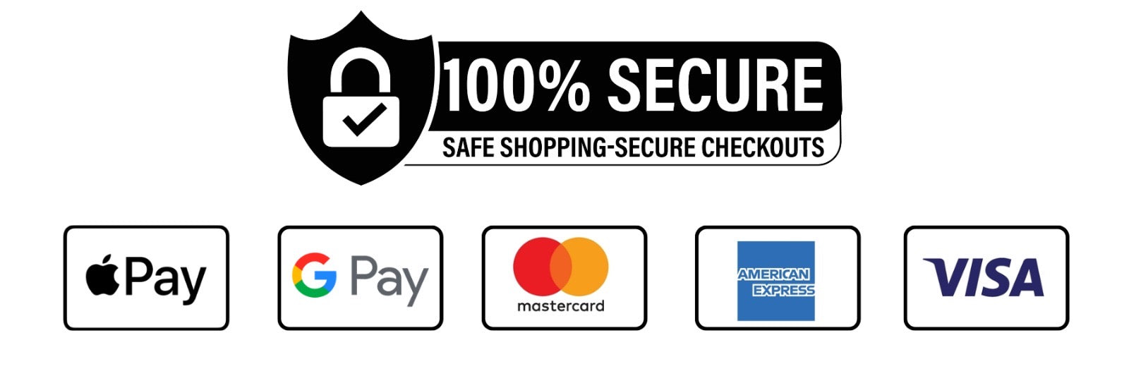 100% secure checkout banner with lock icon and payment options: Apple Pay, Google Pay, Mastercard, Amex, Visa