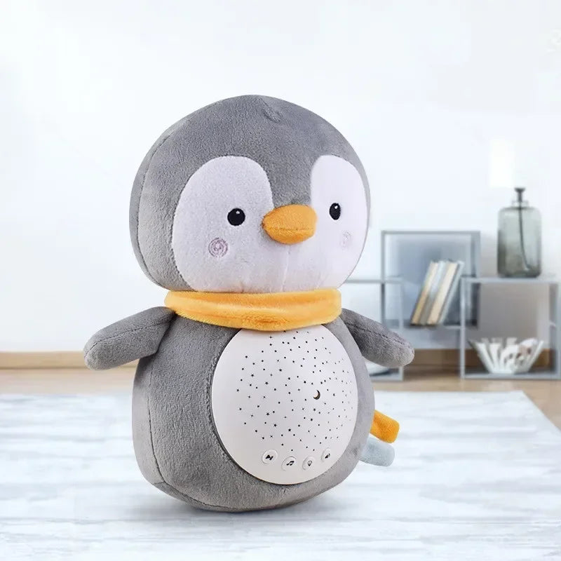 Gray plush penguin night light and sound machine for children in a modern nursery