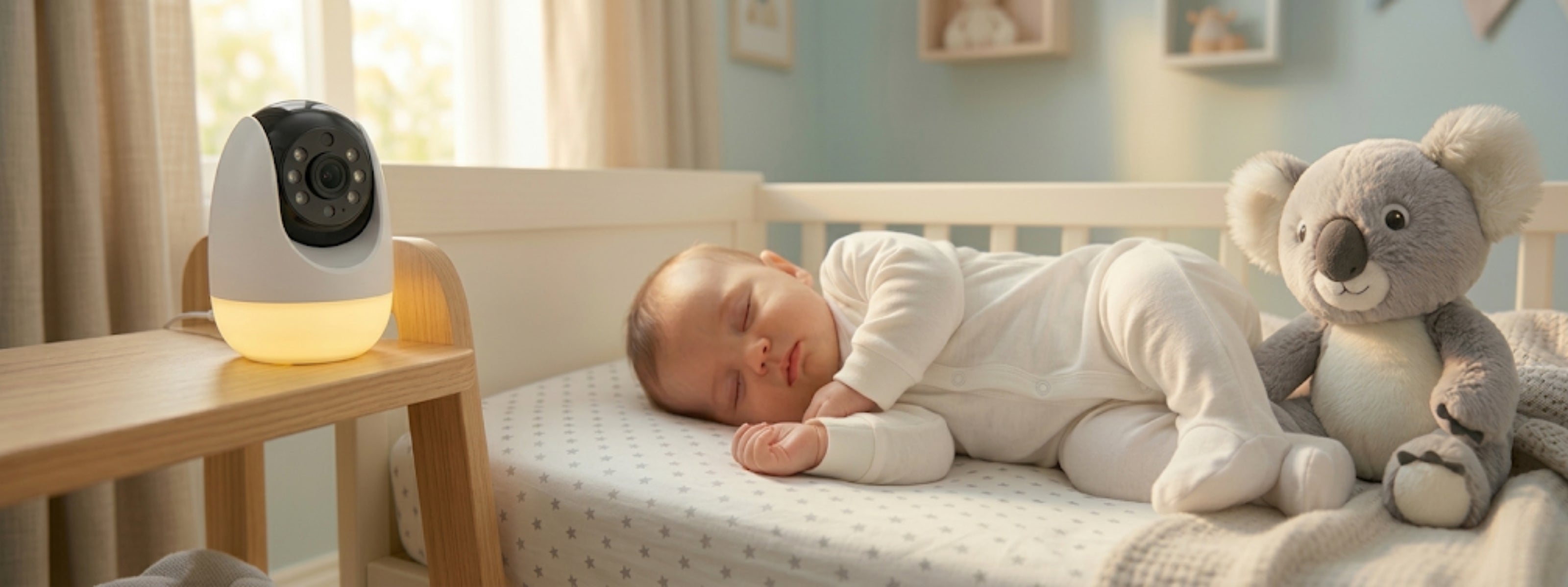 Sleeping baby in crib with baby monitor night light and plush koala, nursery setting